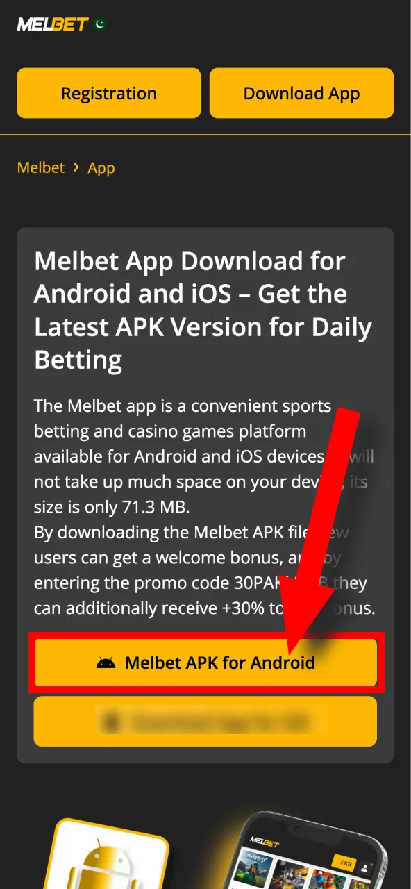 Melbet APK ڈاؤن لوڈ اور انسٹال کرنے کے لیے نارنجی بٹن۔