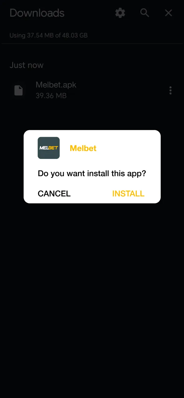 ڈاؤن لوڈ شدہ Melbet APK فائل پر ٹیپ کر کے انسٹالیشن شروع کریں۔