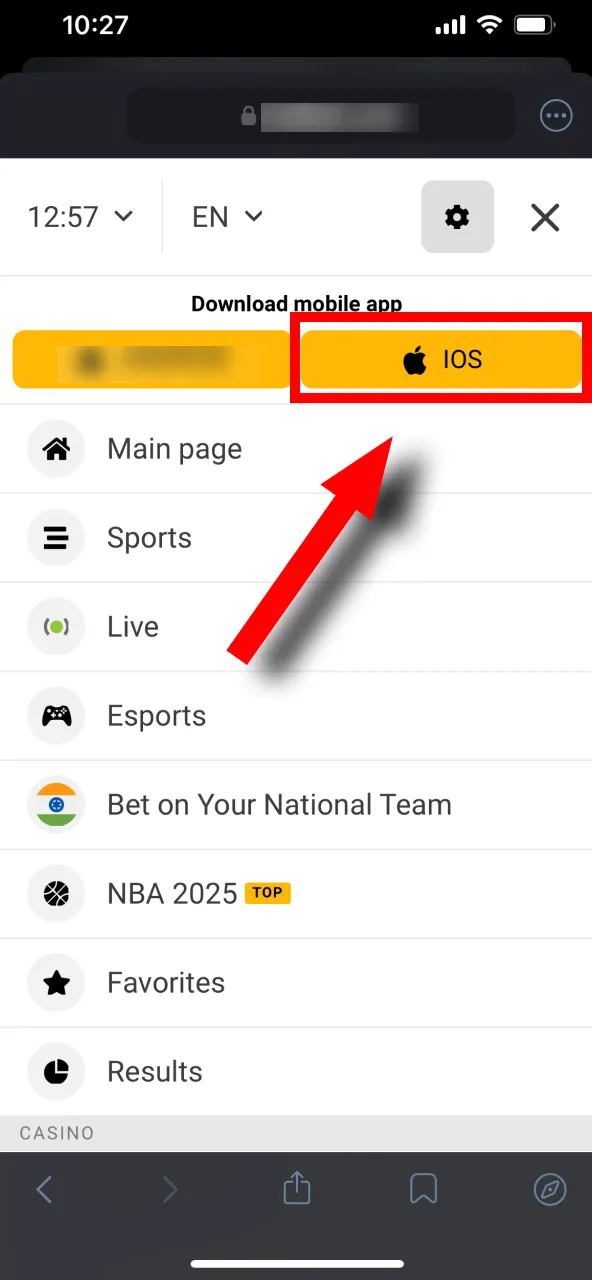 مینو کھولیں اور iOS بٹن پر کلک کریں تاکہ Melbet ایپ انسٹال کی جا سکے۔
