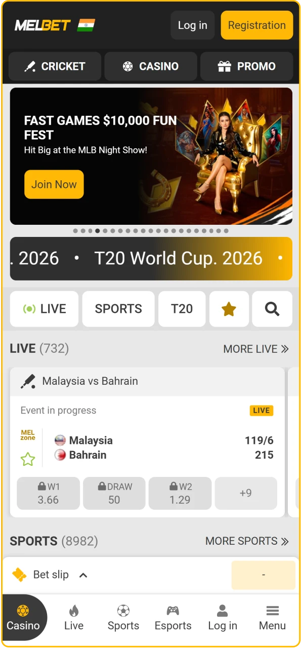 Melbet India home page interface featuring the latest sports betting markets and casino games.