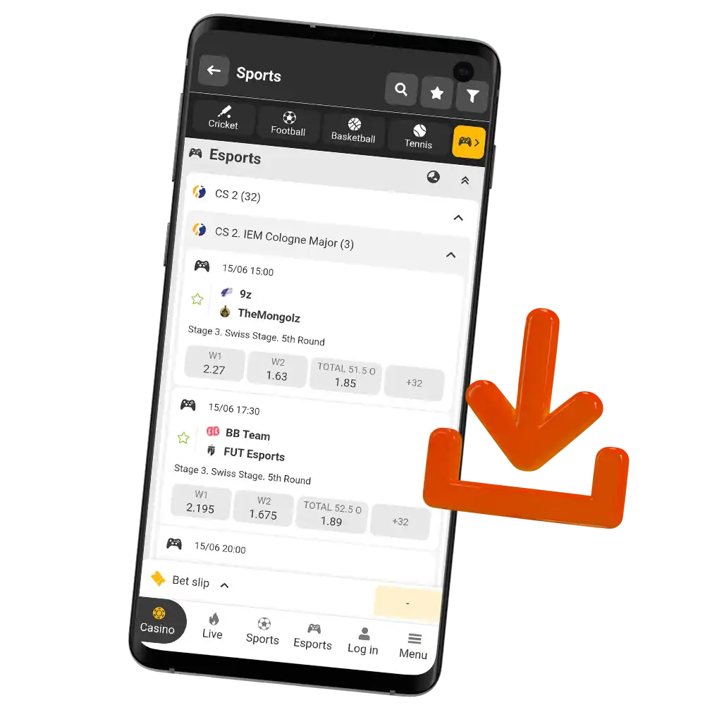 Bet on CS2 matches via the mobile app from the Melbet.